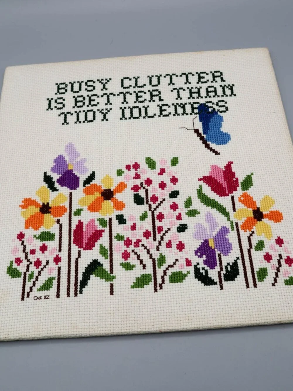 Vtg Handmade Cross Stitch Embroidery Art Floral Butterfly Colorful Cottage 11.5